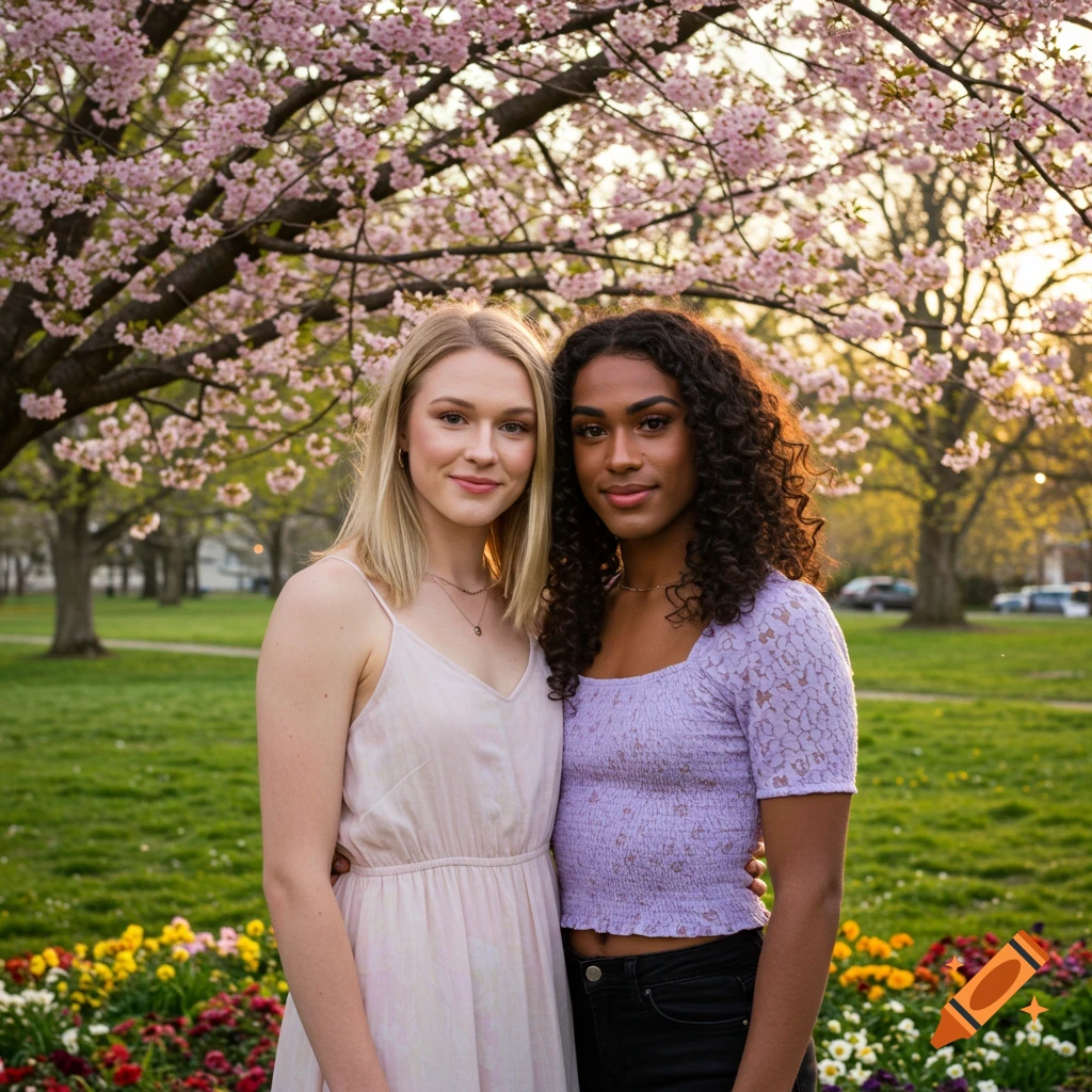 Two women, one blonde and one with dark curly hair, smile under a cherry blossom tree in a park with flowers.