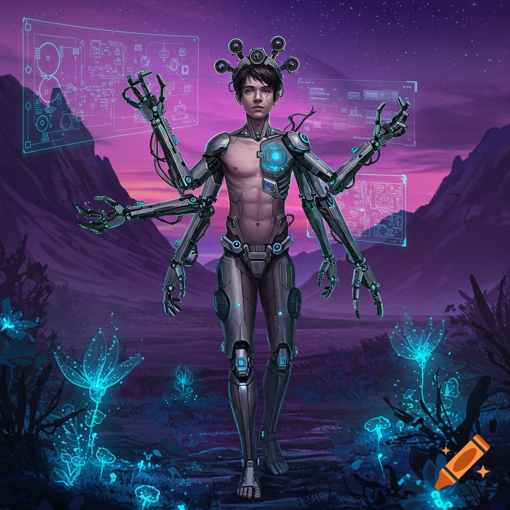 A cyborg male teenager with multiple robotic arms and head-mounted cameras stands on an alien planet with glowing plants under a purple sky.