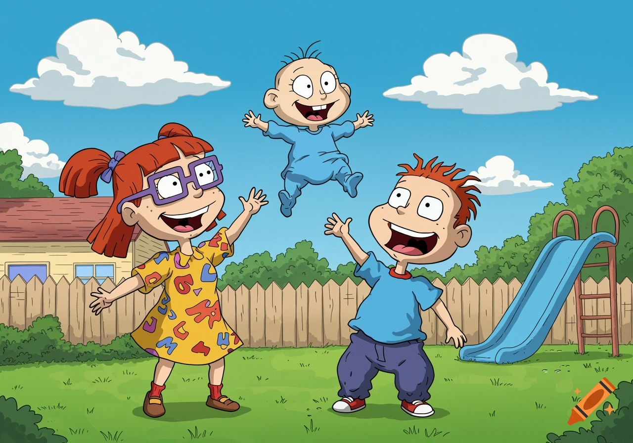Cartoon characters Angelica, Tommy, and Dil Pickles from Rugrats playing in  a sunny backyard with a slide and a house. on Craiyon, image size:1280x896