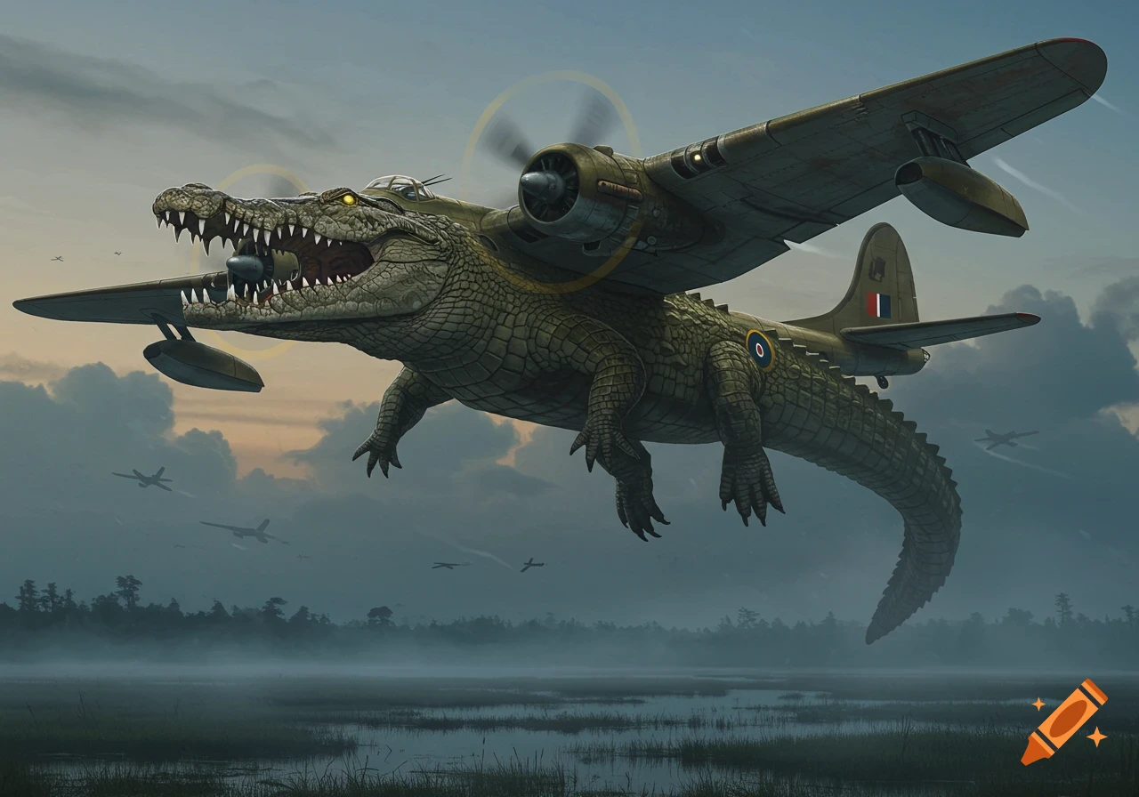 A large, detailed crocodile with bomber plane wings and tail flies over a misty swamp at dusk, with other planes in the distance.