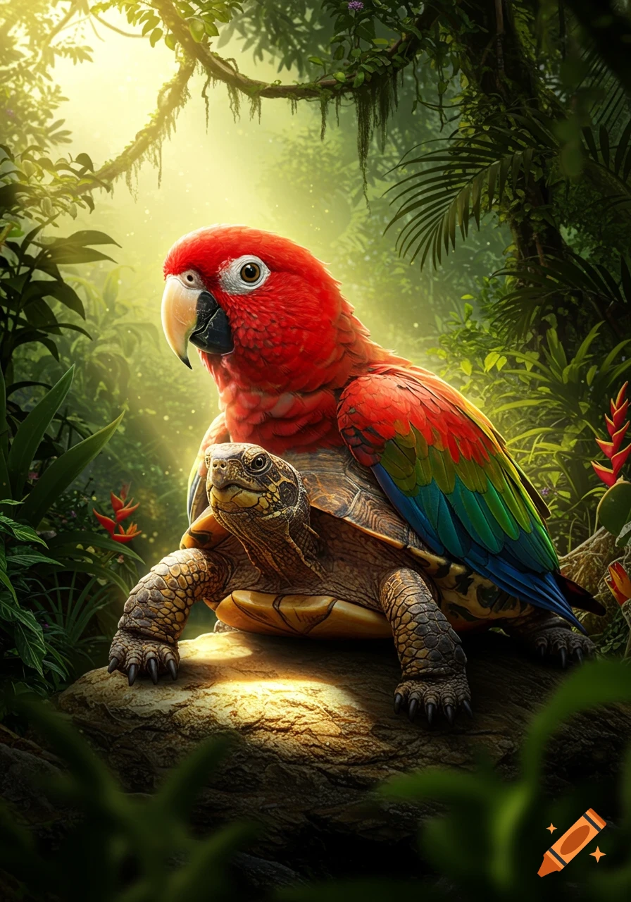 A vibrant red parrot perches on a turtle's shell in a sun-drenched, lush tropical jungle, digital art style.