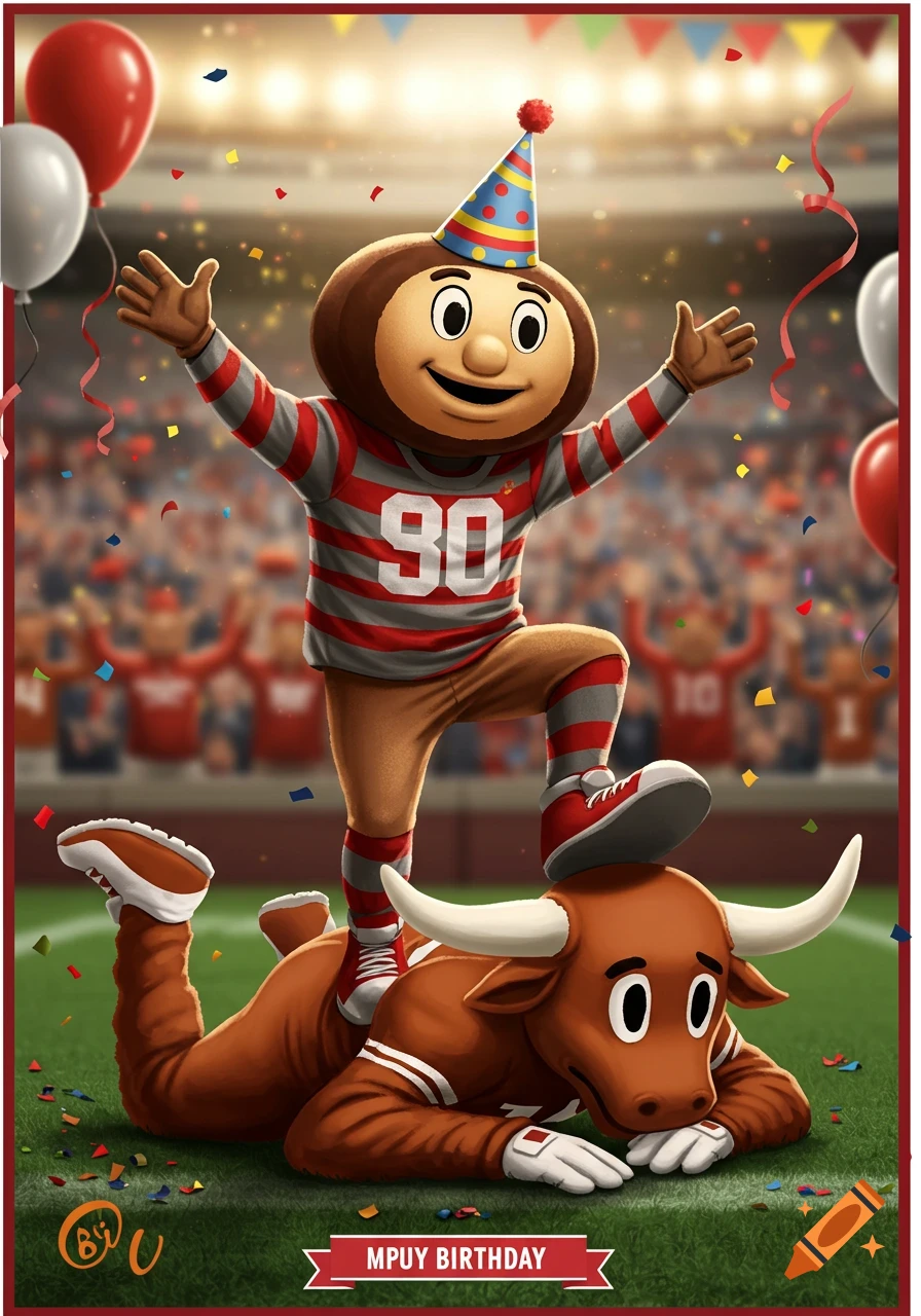 Brutus Buckeye mascot in a birthday hat stepping on a sad Texas Longhorn mascot on a football field with confetti and balloons.