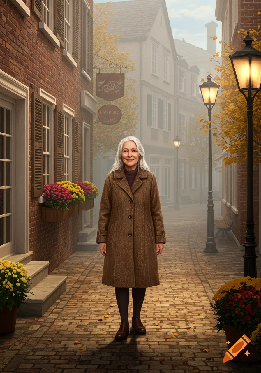 A photorealistic portrait of an old woman with white hair, wearing a brown coat, standing on a cobblestone street in a foggy autumn small town.