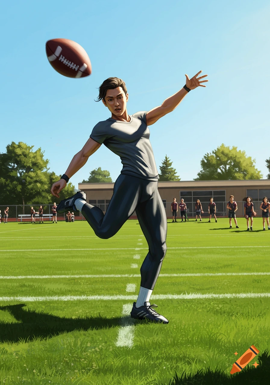 An athletic person in a grey shirt and black pants kicks a football on a green field under a blue sky.