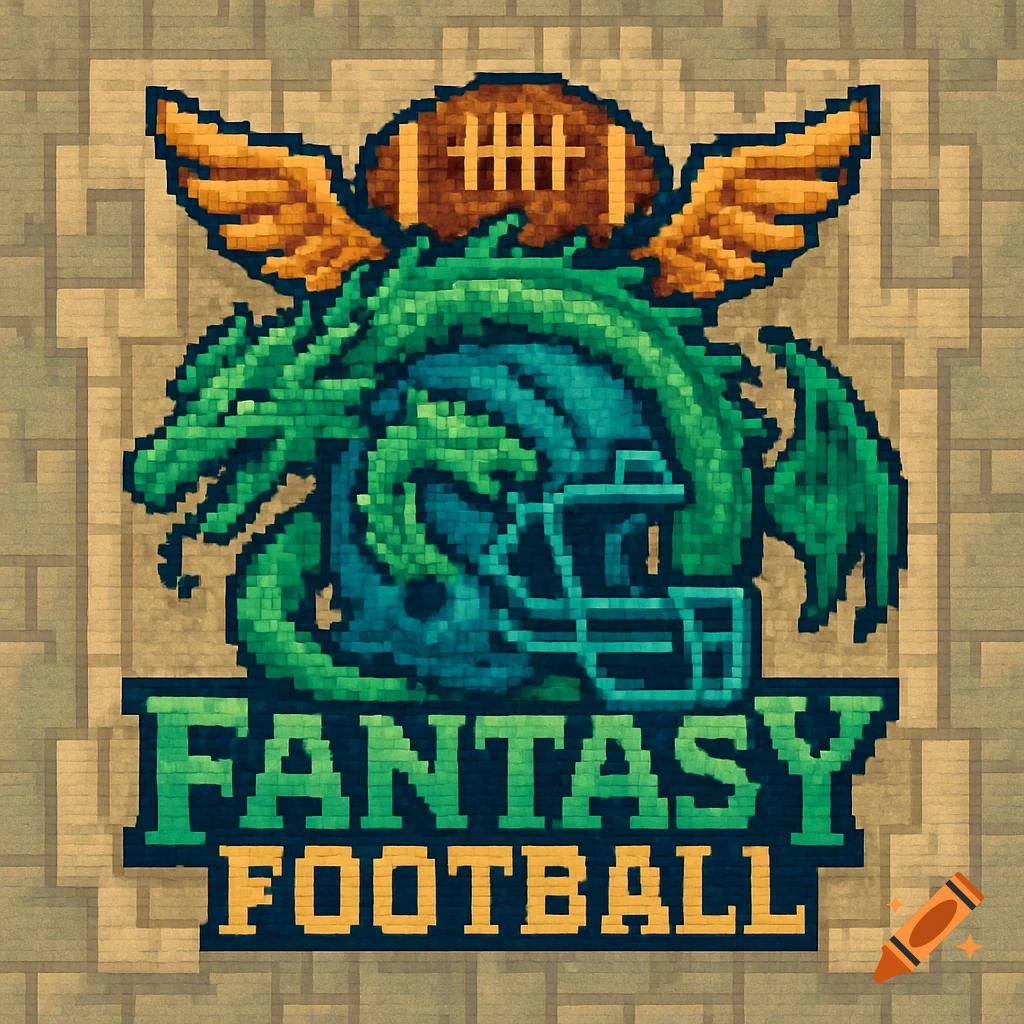 Pixel art logo for fantasy football, featuring a green dragon head in a football helmet, a winged football, and 'FANTASY FOOTBALL' text.