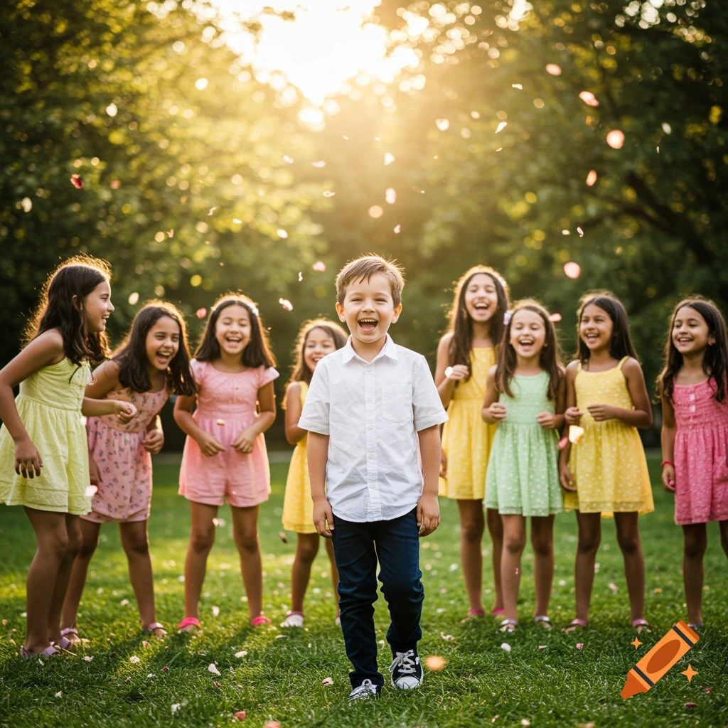 A smiling boy in a white shirt stands in a sunny park surrounded by laughing girls as petals fall. Photorealistic.