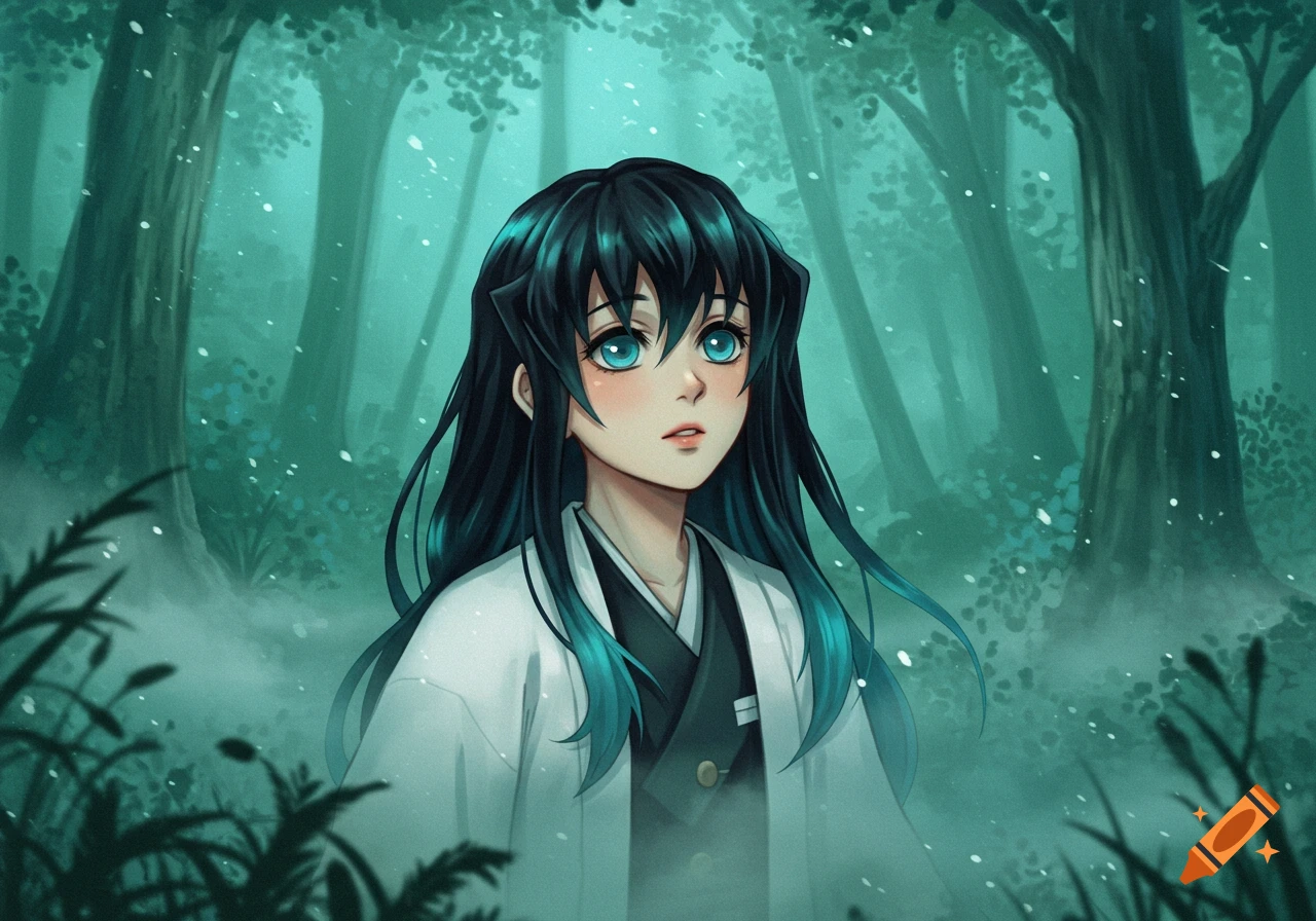 Anime illustration of Muichiro from Demon Slayer with teal-tipped black hair and blue eyes, staring into a foggy, teal forest.