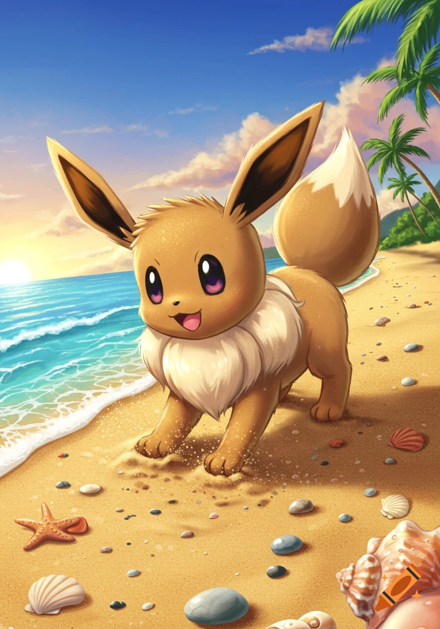 A cute Eevee from Pokémon stands on a sunny beach with waves, seashells, and palm trees.