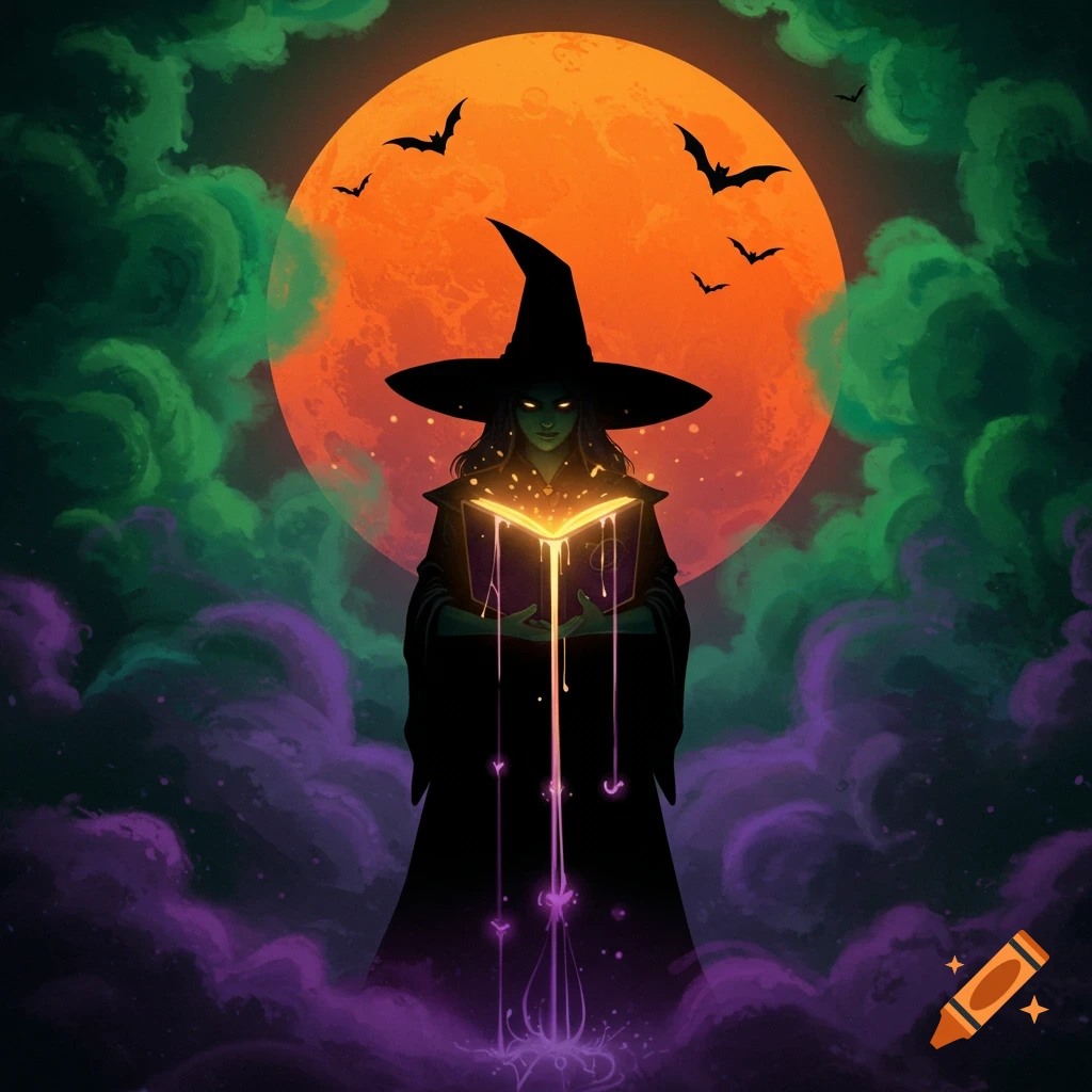 A witch in a pointed hat holds a glowing book, with magic dripping into green and purple smoke under an orange moon and bats.