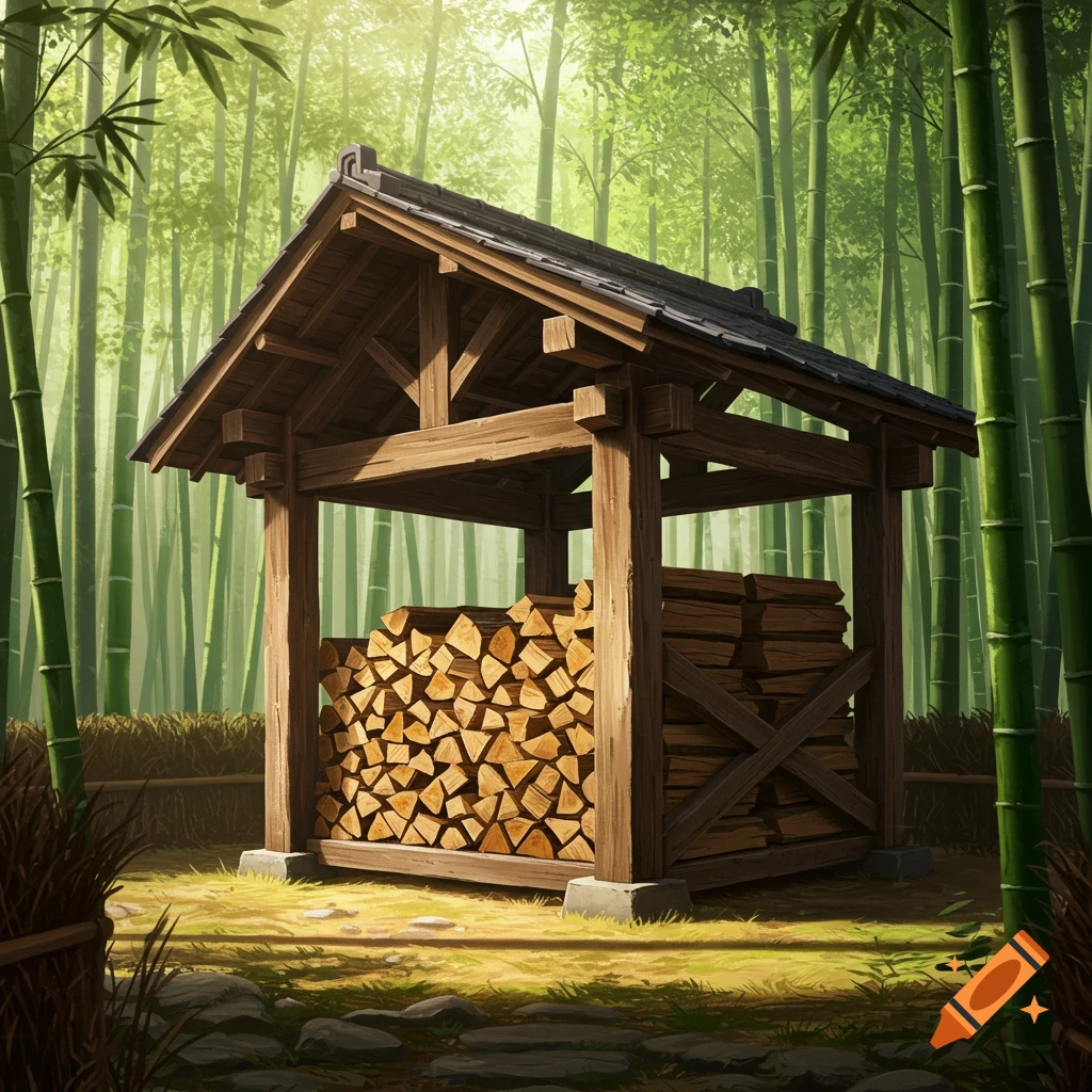 A rustic Japanese-style wooden firewood shelter filled with stacked wood, set in a vibrant bamboo forest under bright light.