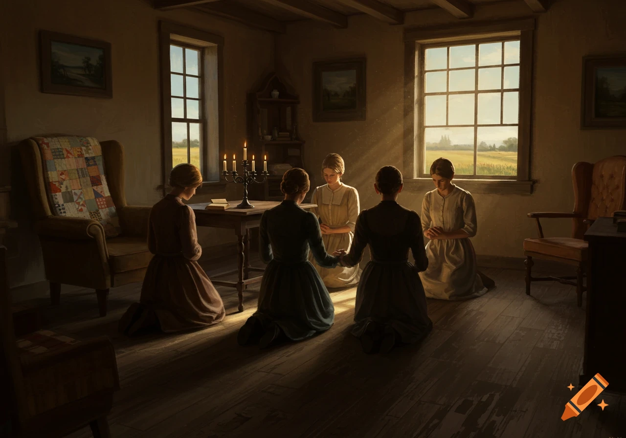 Five women kneel and pray in a dimly lit 1800s home, light streaming through windows.