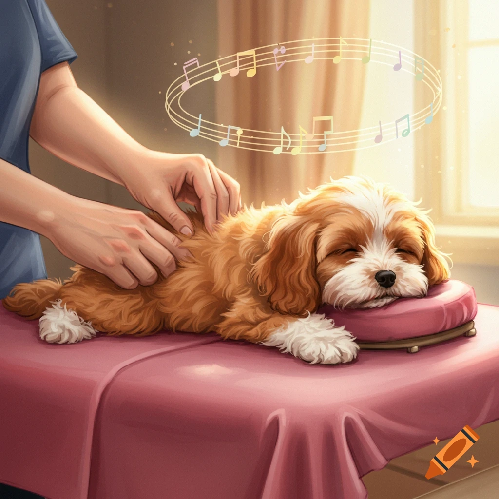 A cute cavoodle dog, white and brown, rests on a pink massage table, getting a gentle massage. Musical notes float above its head, illustration.