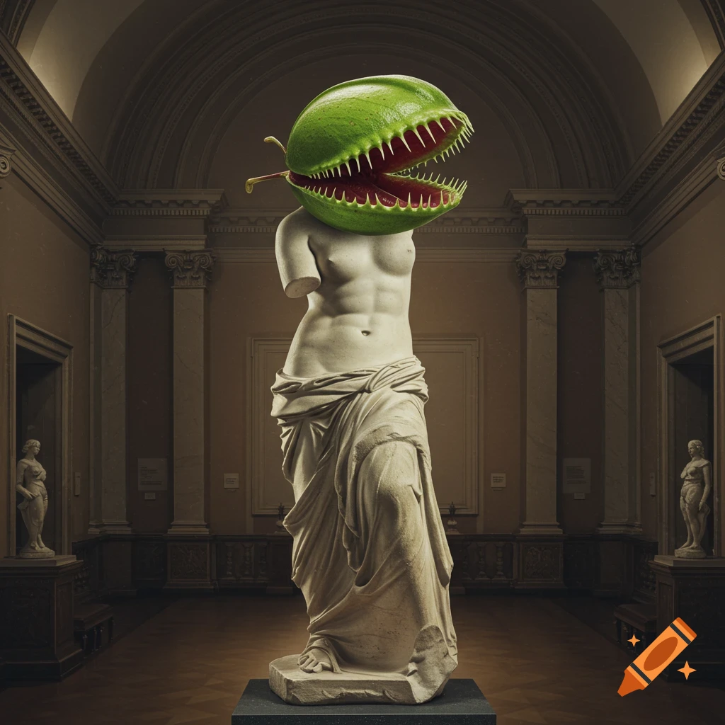 Photorealistic image of a headless Venus de Milo statue with a green Venus Flytrap for a head, standing in a museum gallery.