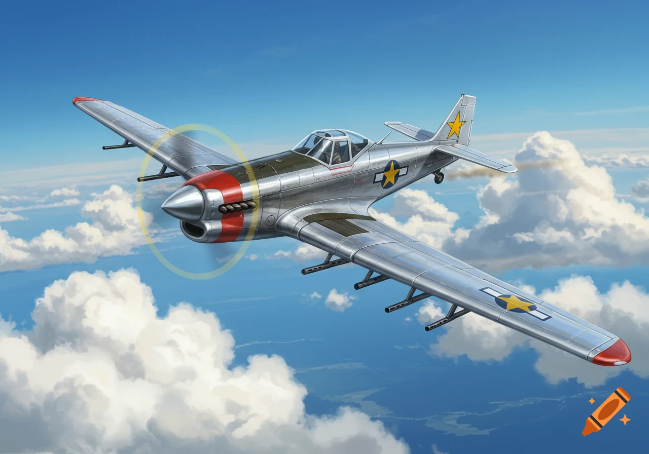 A detailed illustration of a silver fighter plane with red stripes and yellow stars flying through a blue sky with white clouds.