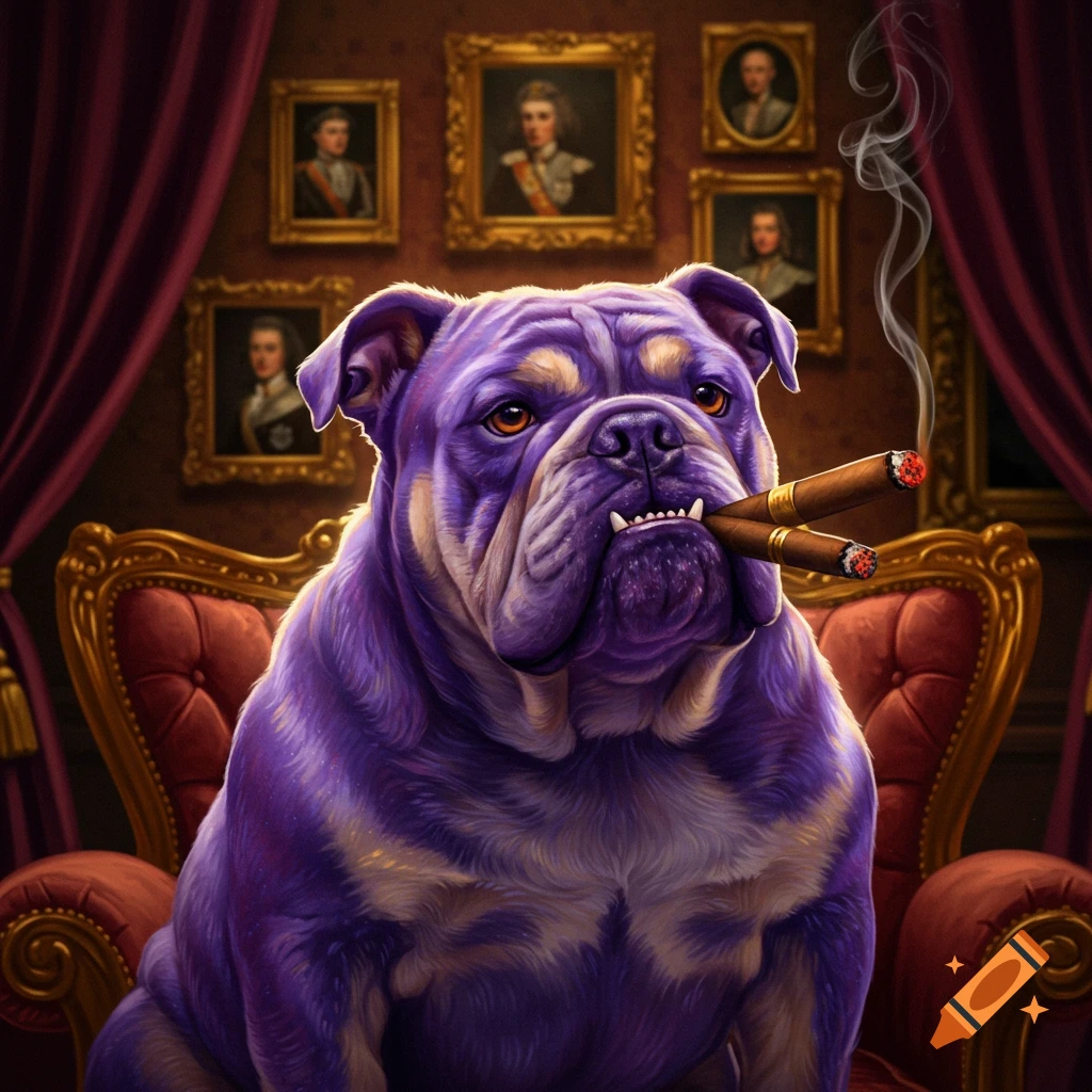 A regal purple and gold bulldog smoking two cigars, sitting in a red armchair in a luxurious room with framed portraits.