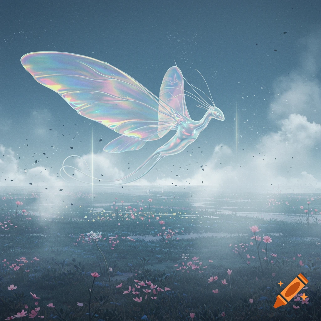 An iridescent, ethereal fairy-like creature with large, glowing wings flies over a misty field of pink and white flowers under a cloudy sky.
