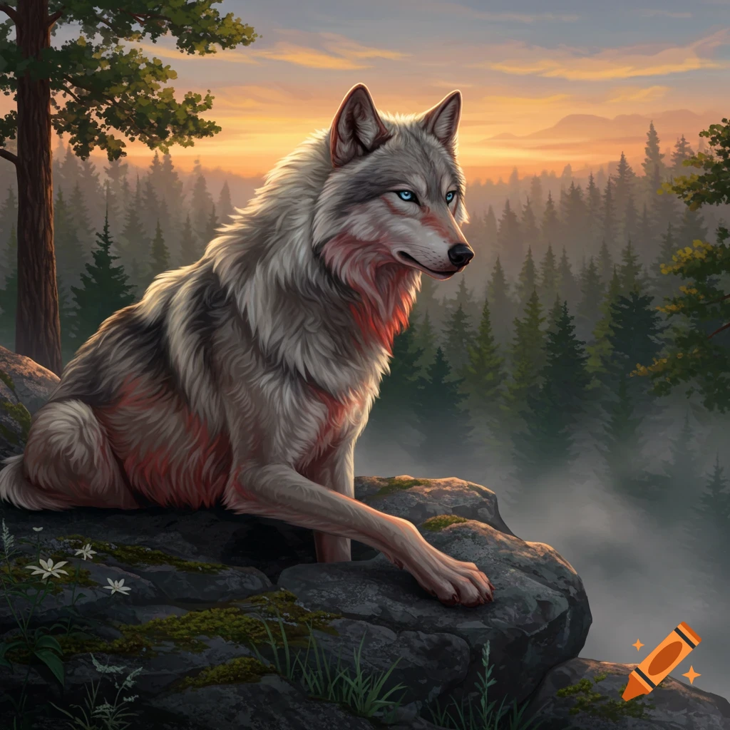 A gray wolf with blue eyes and red-tipped fur sits on a rock, overlooking a misty forest at sunset.