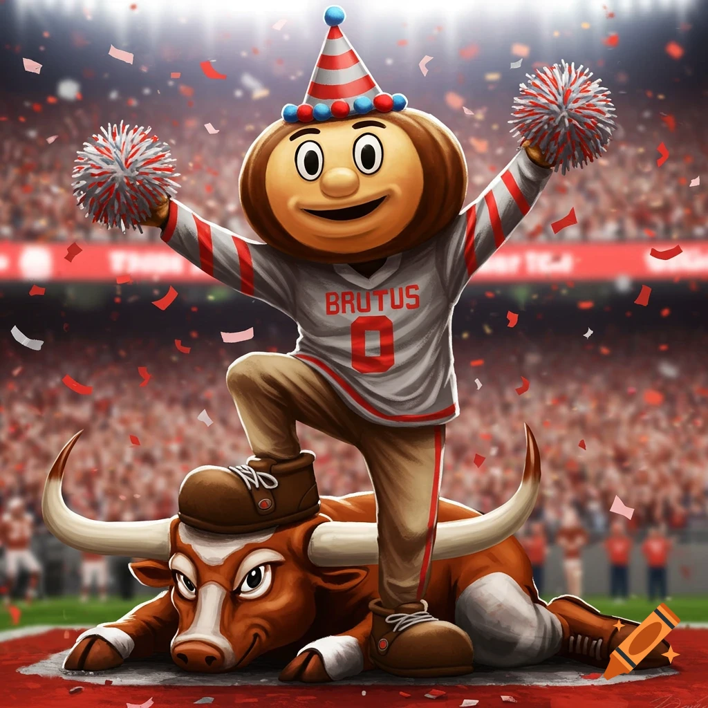 Brutus Buckeye mascot in a party hat and uniform holding pom-poms, stepping on a Texas Longhorn mascot in a stadium with confetti.