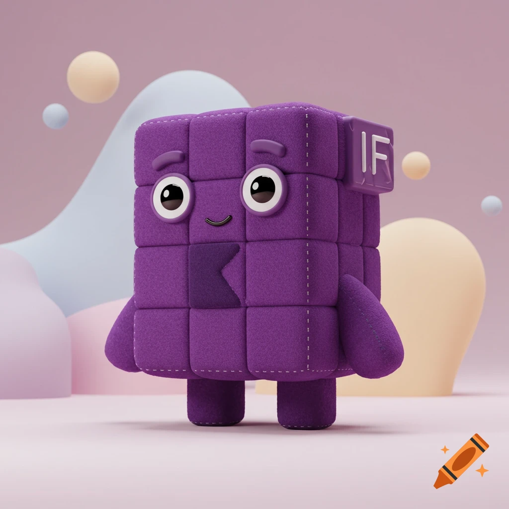 A cute purple block-like character with a friendly face and 'IF' on its shoulder, standing on a pink background with abstract shapes. 3D render.
