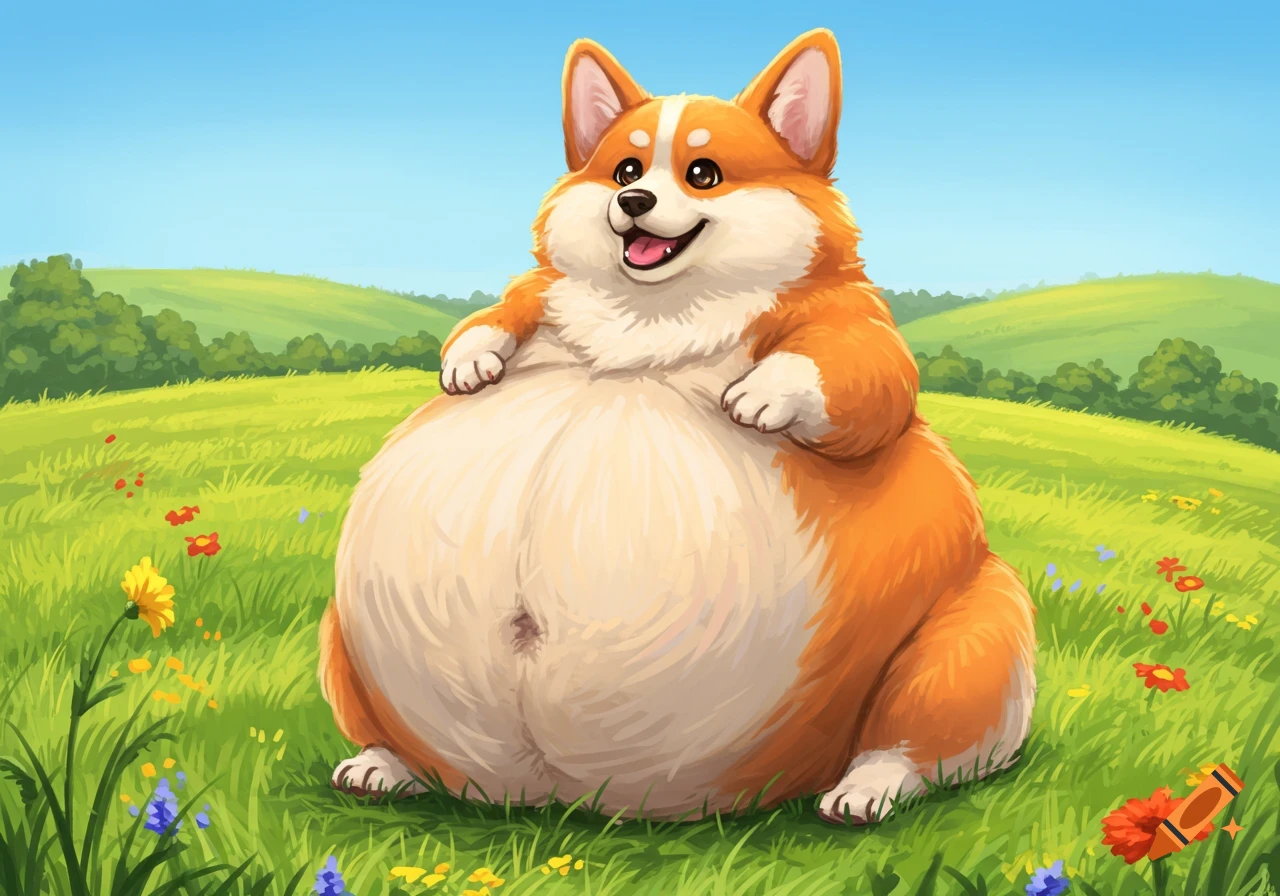 A happy, cartoon-style corgi with an enormous belly sits in a sunny green field with wildflowers.