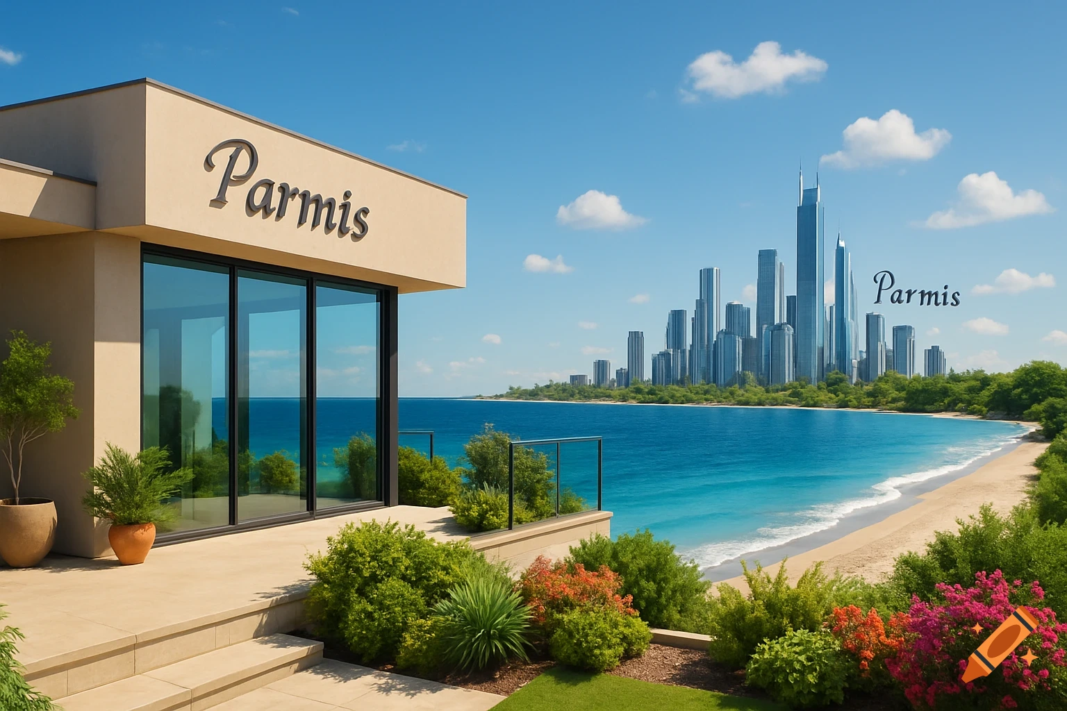 Modern house 'Parmis' by a blue ocean beach with lush greenery, overlooking a futuristic city skyline under a clear sky.