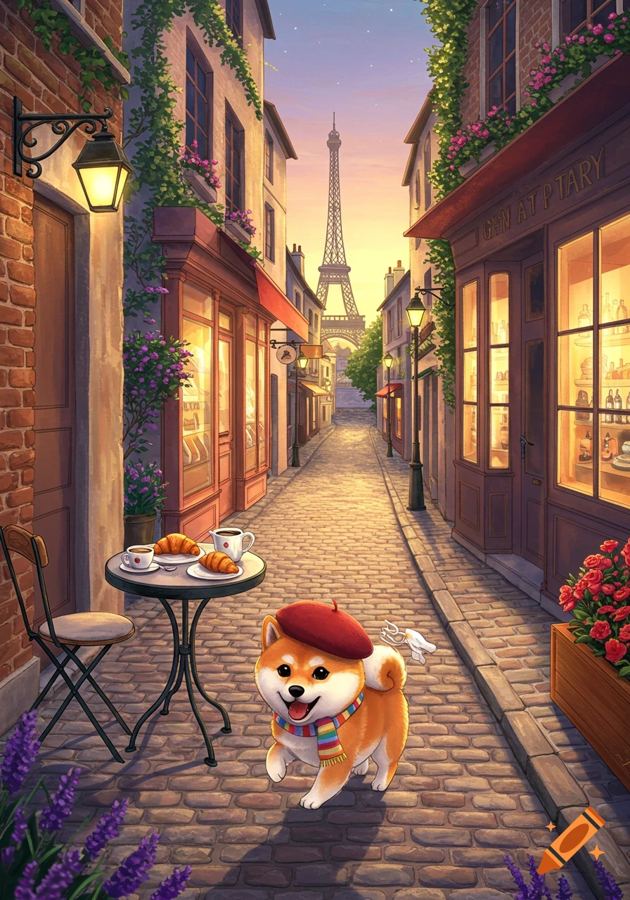 A cute Shiba Inu in a red beret and striped scarf walks down a cobblestone street in Paris, with the Eiffel Tower in the background at sunset. Cartoon style.