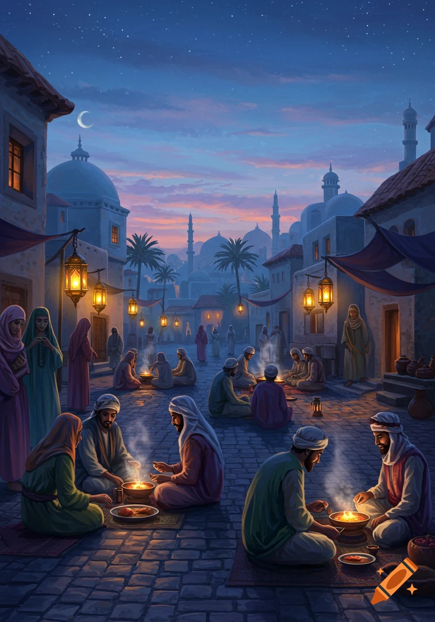 Illustration of people in traditional Middle Eastern attire gathered in a street at dusk, sharing a meal around glowing pots.