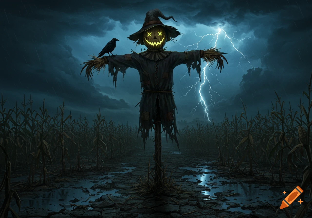 A scary scarecrow with a glowing jack-o'-lantern head stands in a dark cornfield under a stormy, lightning-filled night sky with a crow perched on its arm.