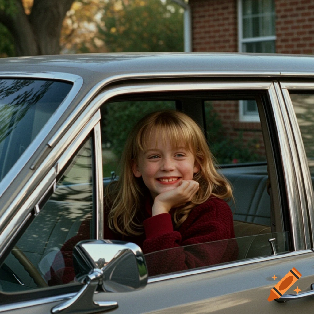 A young girl with blonde hair and a red sweater smiles brightly while looking out the window of a car.