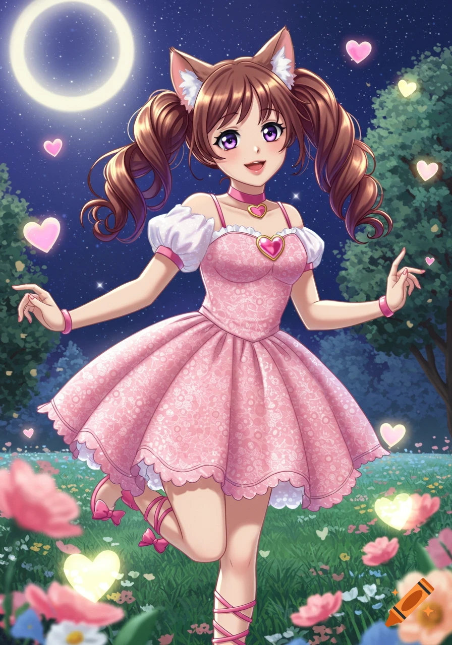 Cute anime magical girl with cat ears and pigtails in a pink lace dress, standing in a flowery field under a full moon with floating hearts.