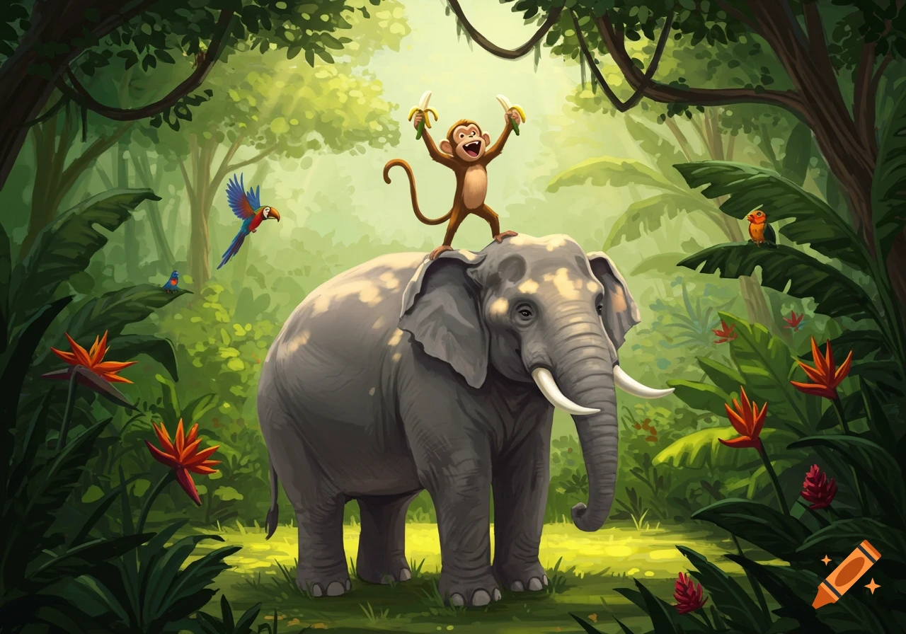 A cartoon monkey holding bananas stands triumphantly on a large elephant's back in a lush, vibrant jungle with tropical birds and flowers.