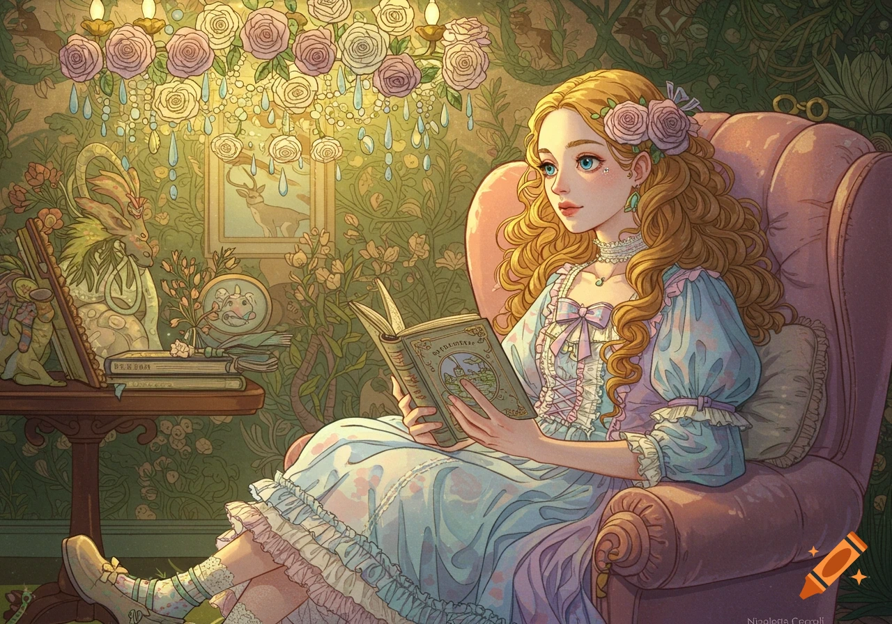 A young woman with long blonde hair sits in a pink armchair, reading an open book in a richly decorated room with floral wallpaper and a rose chandelier.