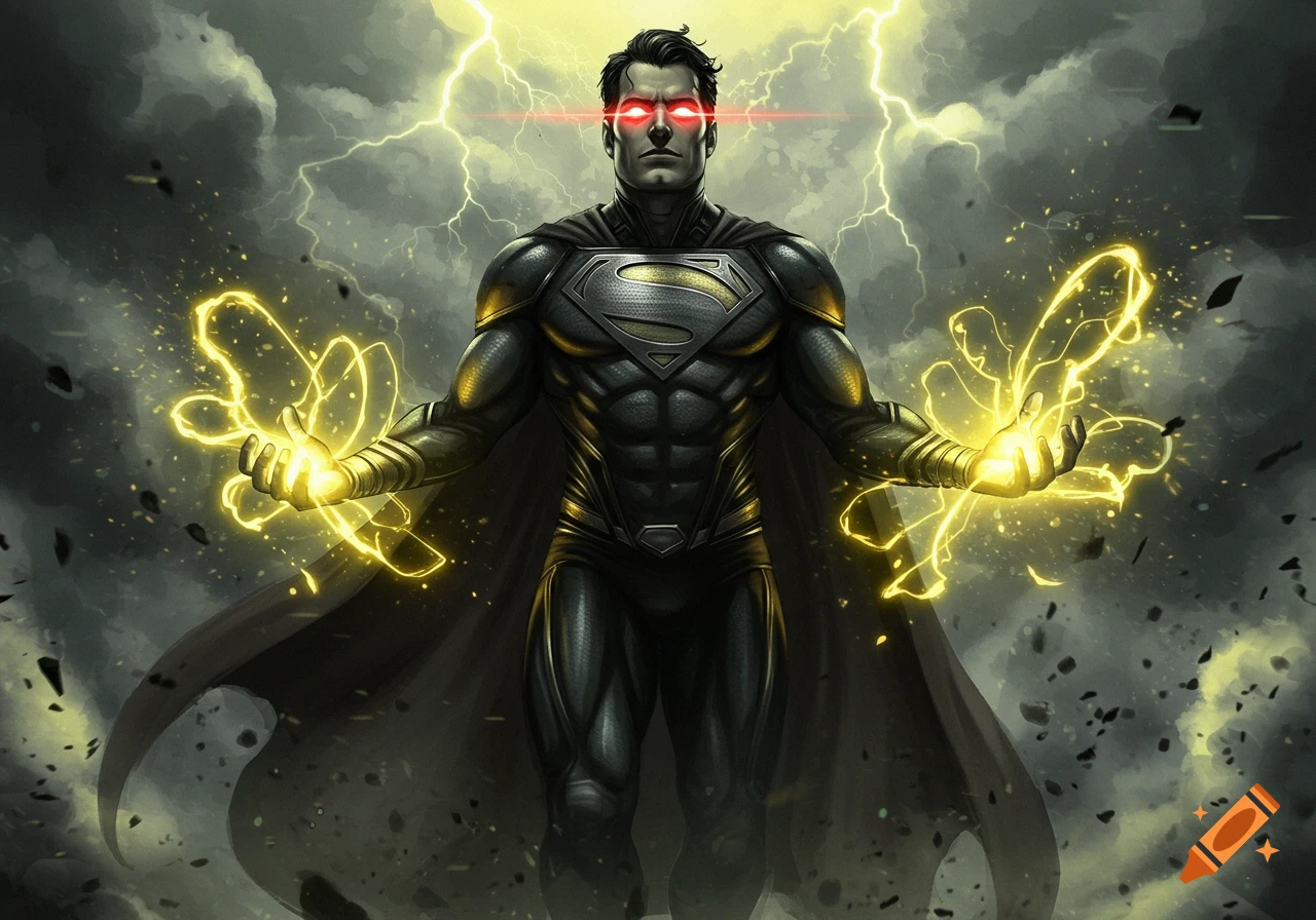 Superman in a black suit, red glowing eyes, yellow energy from hands, stormy sky with lightning, comic art.