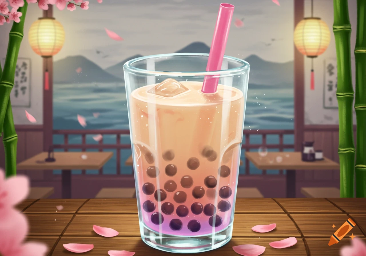 Illustrative image of bubble tea in a glass with a pink straw, on a wooden table in a Japanese-style restaurant overlooking mountains and water.