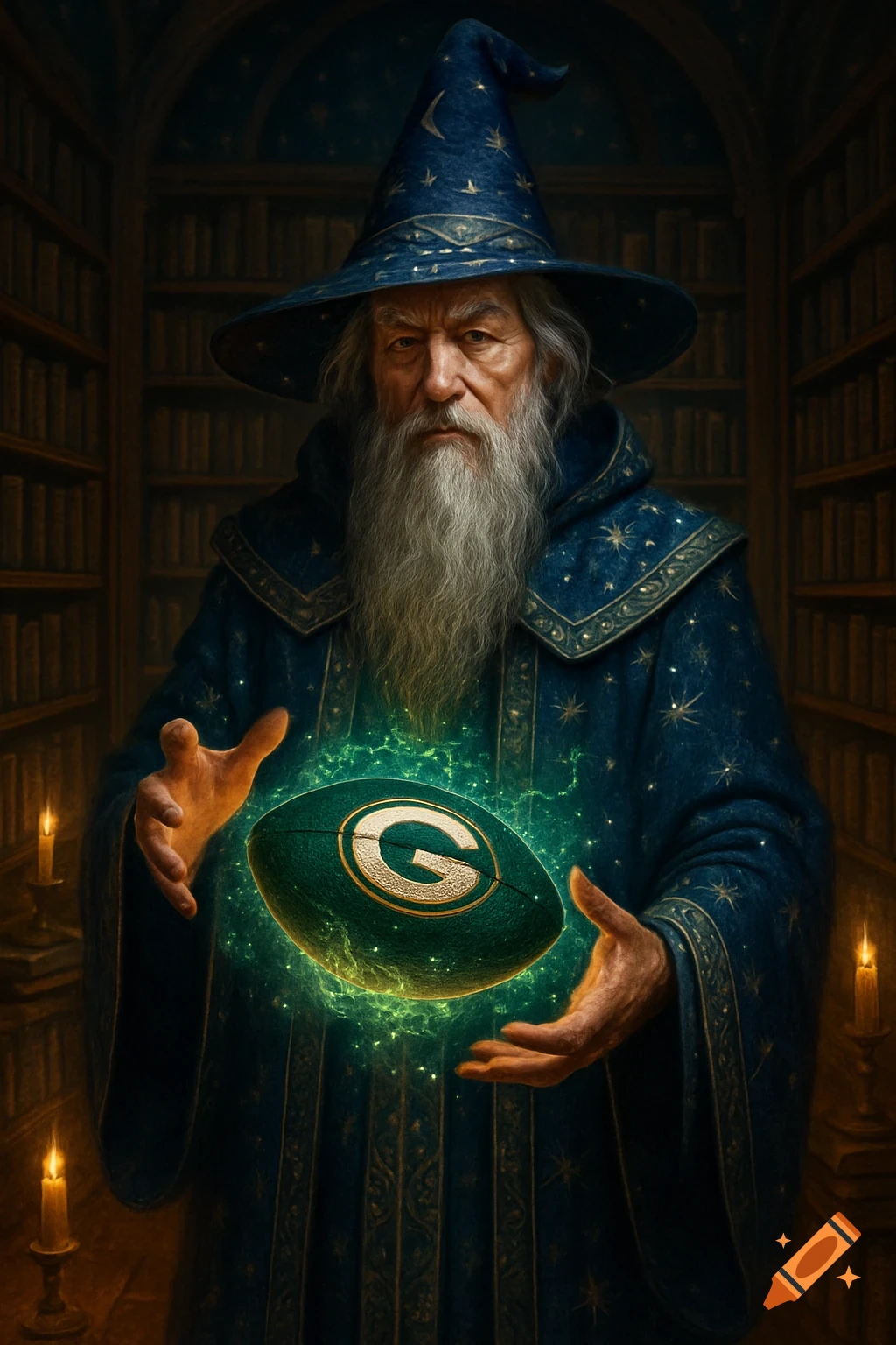 An old wizard with a white beard and blue robe holds a glowing green football with a 'G' logo in a dimly lit library. Fantasy art style.