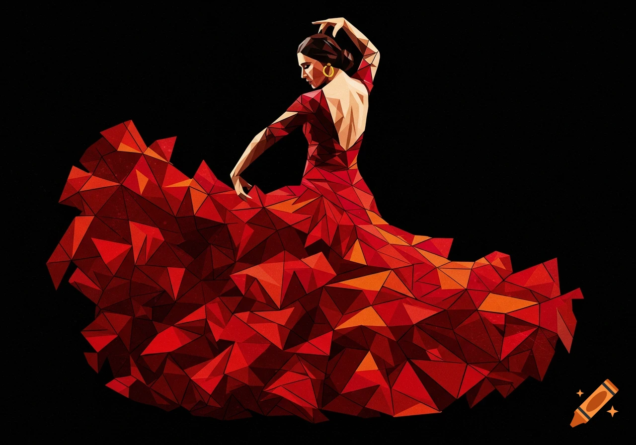A geometric, low-poly illustration of a flamenco dancer in a flowing red dress, looking over her shoulder against a black background.