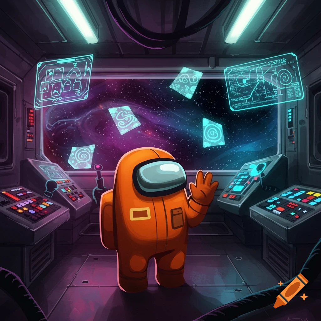 An orange Among Us character waving inside a spaceship cockpit with glowing screens and holographic cards, looking out at space. Stylized digital art.