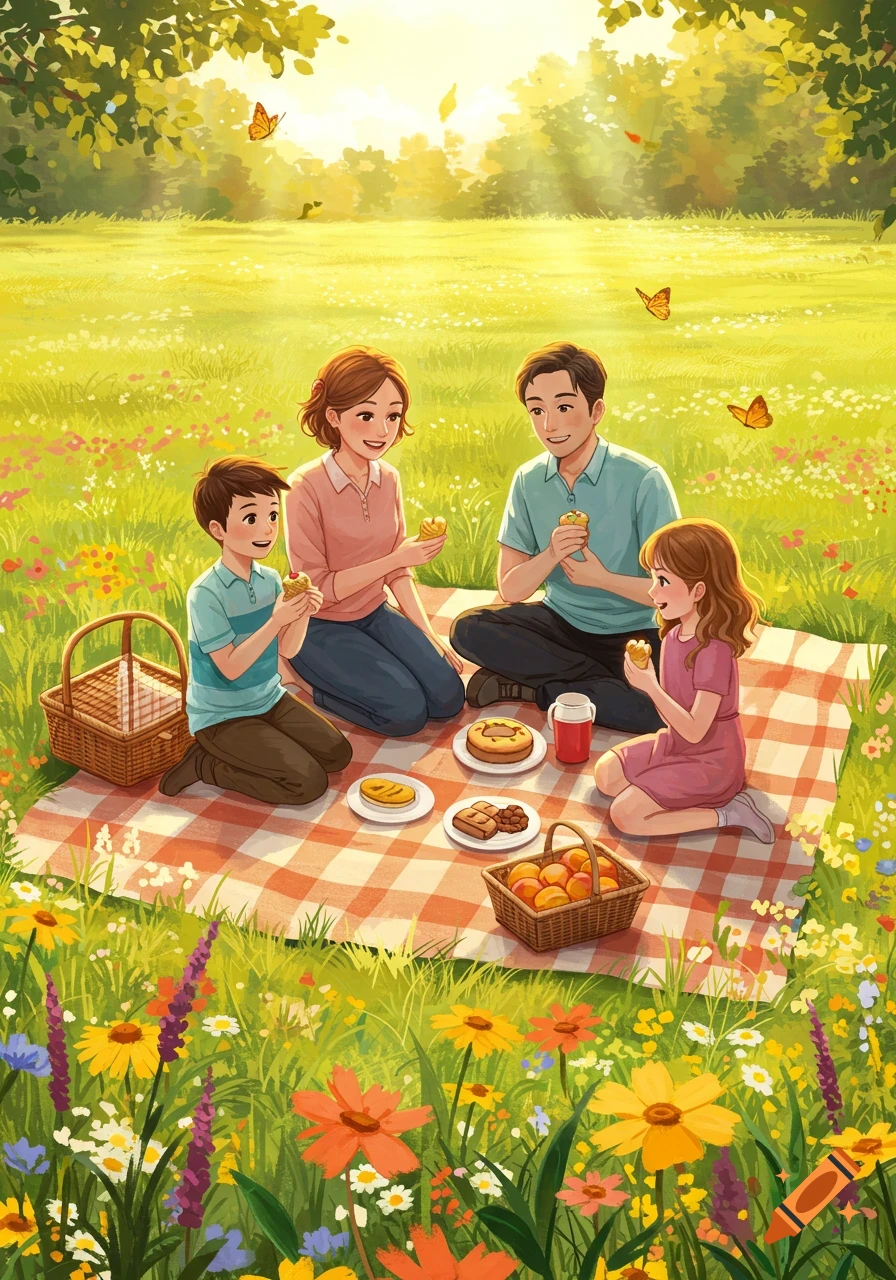 A cheerful illustration of a family of four enjoying a sunny picnic in a field of wildflowers.
