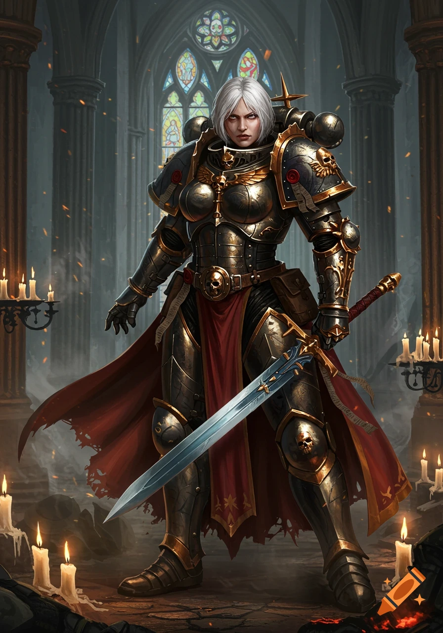A white-haired female warrior in black and gold power armor stands in a gothic cathedral, holding a large sword amidst lit candles.
