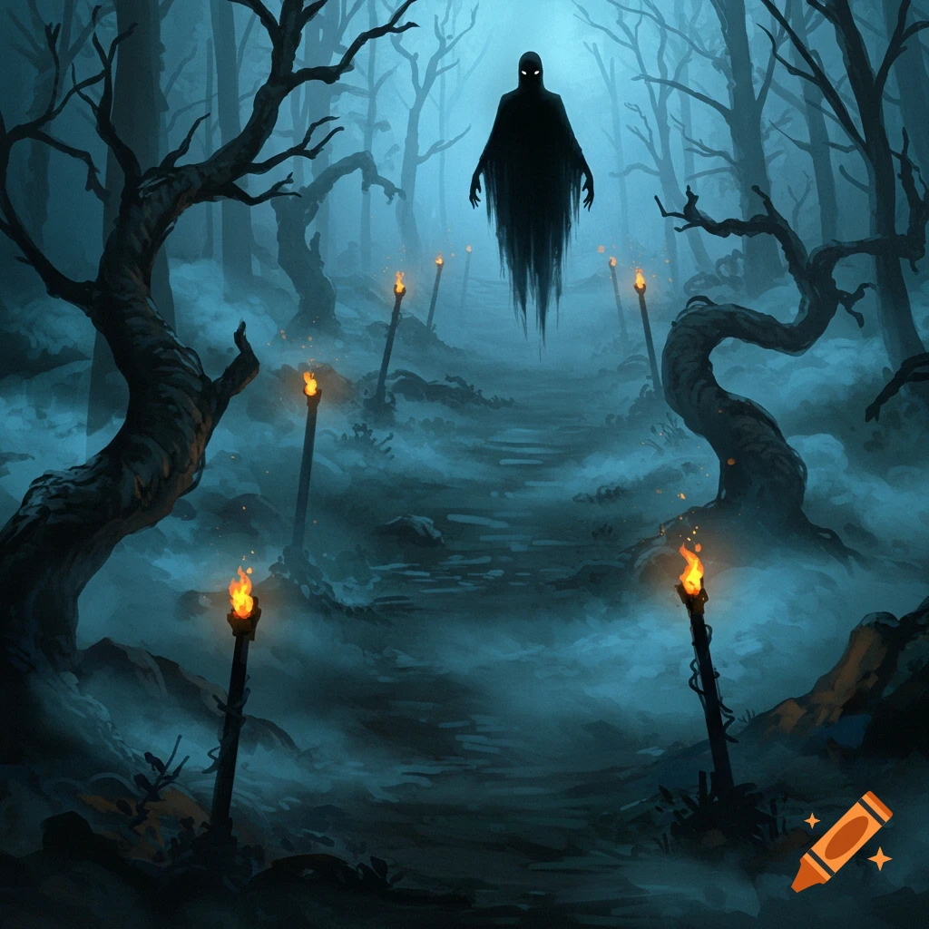 A shadowy ghost with glowing eyes floats above a misty, torch-lit path through a dark, gnarled forest, digital painting.