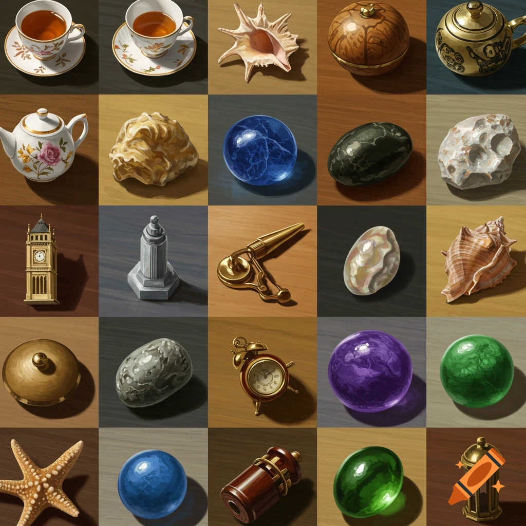 A 5x5 grid displaying various still life objects. Each square contains a unique item such as teacups, shells, spheres, a teapot, a clock tower, and an alarm clock.