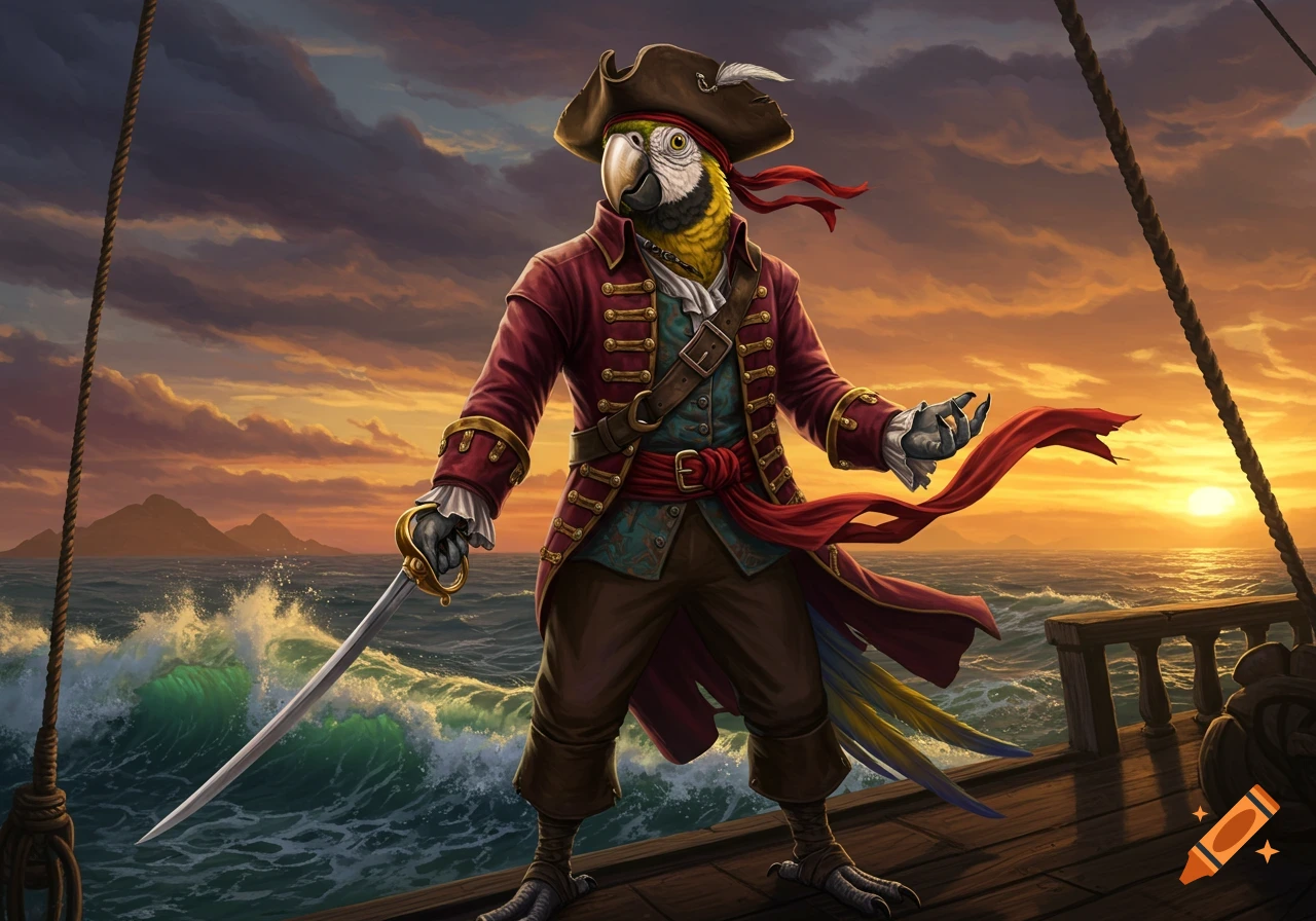 A humanoid parrot pirate stands on a ship's deck, holding a sword, against a vibrant sunset over the ocean.