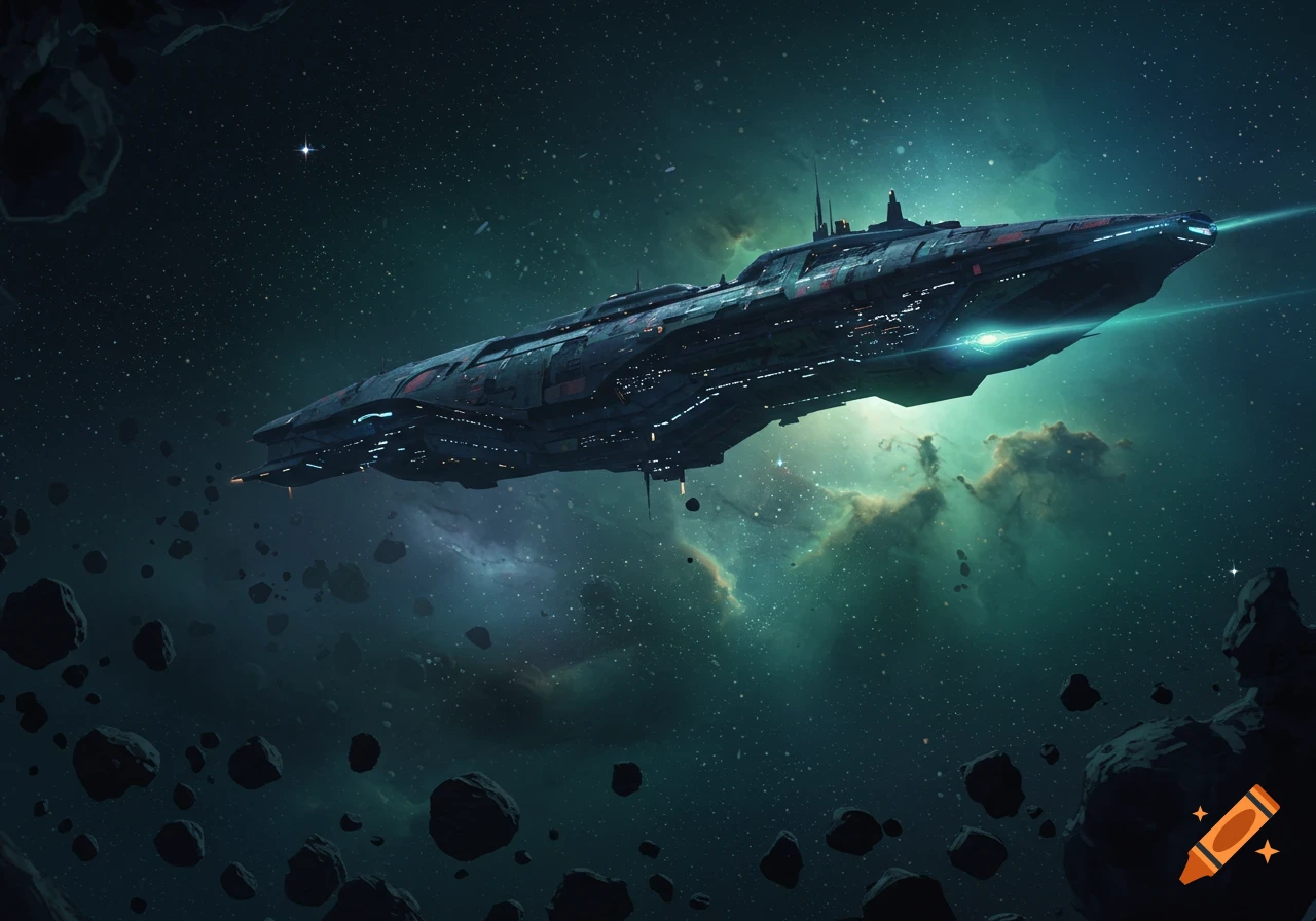 A large, dark alien spaceship with glowing blue accents flies through an asteroid field in a teal-green nebula and starfield.