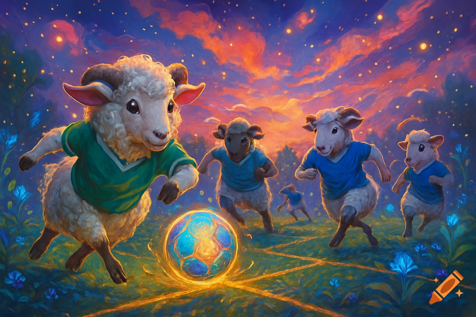 Dreamlike painting of cute sheep wearing jerseys playing soccer with a glowing ball under a starry, twilight sky.