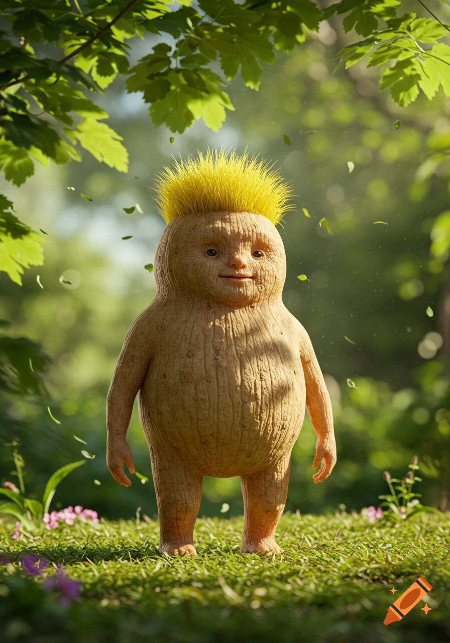 A whimsical, stout, root-like creature with short, spiky yellow hair stands in a sunlit forest clearing.