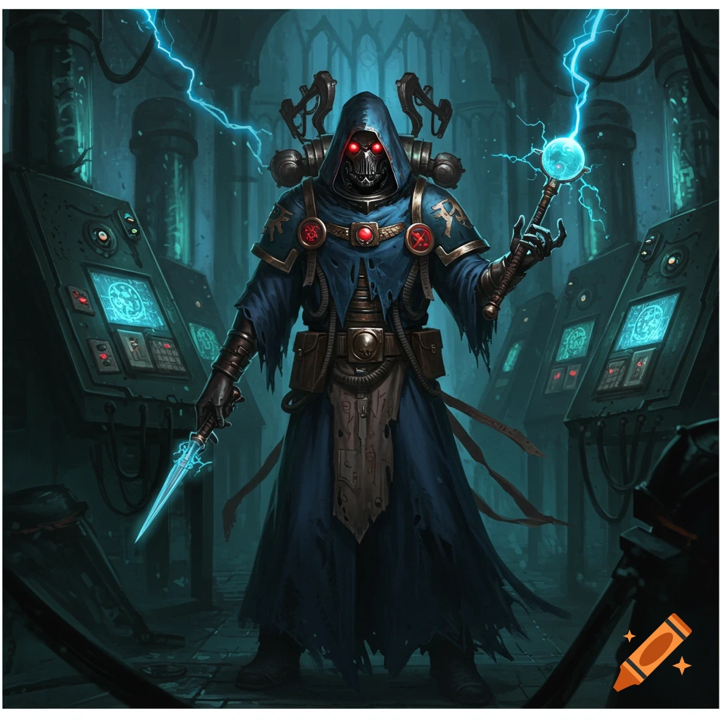 A hooded, masked figure with glowing red eyes, holding a glowing staff and dagger, stands in a dark, tech-filled chamber with blue electrical sparks. Sci-fi art.