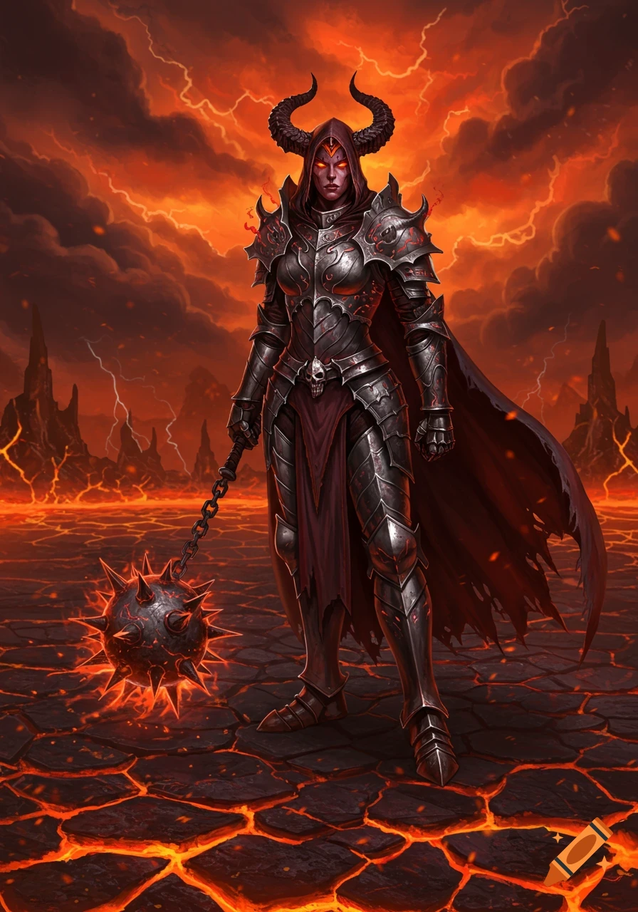 A female hellknight in dark, horned armor with glowing red eyes stands in a volcanic landscape, holding a spiked flail under a fiery sky.