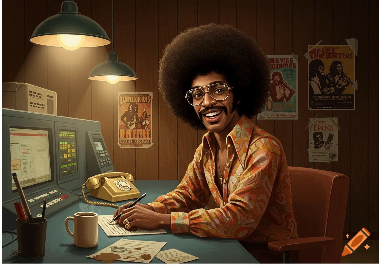 A smiling man with an afro and glasses, wearing a patterned 70s shirt, sits at a desk with an old computer and telephone, writing on paper.
