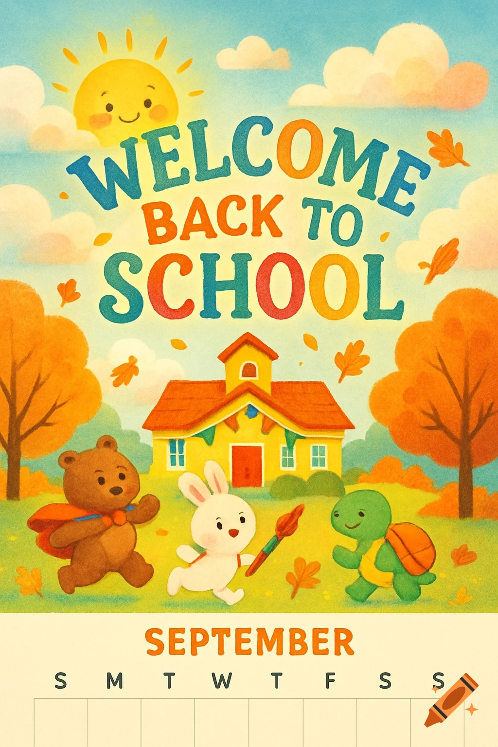 Cheerful textured illustration for a 'Welcome Back to School' September calendar, with a schoolhouse, smiling sun, bear, bunny, and turtle.