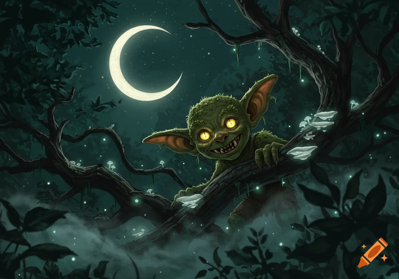 A green goblin with glowing yellow eyes peers from a tree branch in a dark, misty fantasy forest under a crescent moon, with glowing mushrooms.